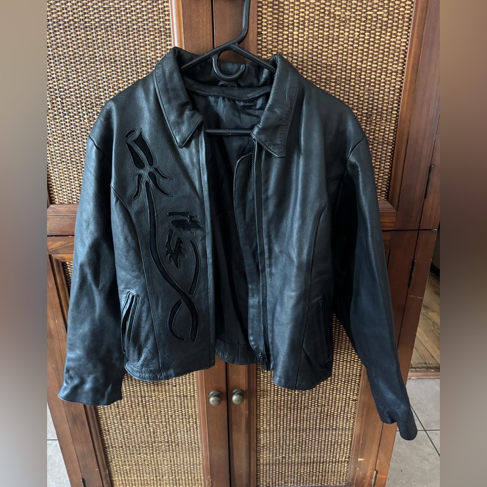 Black Leather Jacket with Embroidered Design